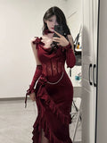 Anokhinaliza Sexy Mermaid Straps Burgundy Velvet Long Evening Gowns Prom Dresses SD1833