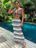 Anokhinaliza Knit Zebra Printed Striped Maxi Skirt Sets Female Ruffled Bikini Top 2 Piece-Set Fashion Outfits Knitwear Long Skirt Sets