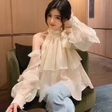 Anokhinaliza Spring Summer Long sleeve Chiffon shirt Sexy Off the shoulder Tops Sweet Loose Solid Ruffles Women Blouse