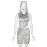 Anokhinaliza Y2k Sexy Two Piece Set Hollow Out Knit Sequin Hooded Crop Top And Mini Skirt Crochet Rave Festival Outfits For Women