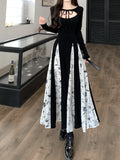 Anokhinaliza Vintage Knitted Patchwork Floral Dress Irregular Design Sense Hepburn Wind Sweet Fashion Slim Summer New Black Long Dresses