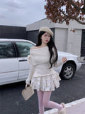 Anokhinaliza Winter Kawaii Sweet 2 Piece Set Woman Off Shoulder Bow Knitted Tops + Mini Cake Skirt Female Korean Fashion Casual Suit 2024 New