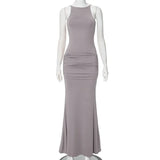 Anokhinaliza Gray Maxi Beach Dress Women Elegant Spaghetti Strap Slim Holiday Dresses Summer Sexy Sleeveless Ruched Evening Party Dress