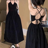 Anokhinaliza Elegant Party Dresses Women Black Midi Backless Slim Sleeveless Dress Sexy Korean Vintage Casual Chic Long Dress