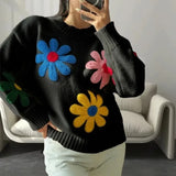 Anokhinaliza Crochet Flower Pullover Knitted Sweater Women's Fashion Loose Lantern Long Sleeve Embroidery Knit Top Streetwear Fashion