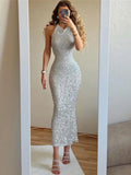 Anokhinaliza Luxury Women Halter Neck Backless Sequins Shiny Formal Dress 2024 Elegant Sleeveless Slim Long Maxi Silver Evening Party Dresses