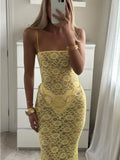 Anokhinaliza Yellow Printed See-Through Maxi Dress Female Backless Slim High Waist Elegant Halter Dresses Women Bandage Spaghetti Dress