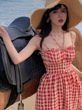 Anokhinaliza French Chic Sweet Plaid Dress Women Summer Fashion Strap Birthday Evening Party Korean Style Dress Boh Beach Clothing