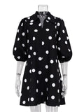 Anokhinaliza Black Polk Dot Mini Dresses Women Chic Fashion Lapel Collar Puff Sleeve A-line Vestidos 2024 New Spring Streetwear Casual Dress