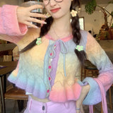 Anokhinaliza Harajuku Y2k Rainbow Knitted Cardigan Women Kawaii Lace-up Hplloow Out Ruffle Flare Long Sleeve Sweater Coat Casual Knitwear Top