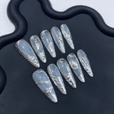 Anokhinaliza 10Pcs Irregular 3D Silver Metal Handmade Fake Nails Long Almond White Press On Nail Full Cover False Nail Wearable Nail Tips Art