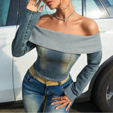 Anokhinaliza Denim Vintage T-shirts Women 2024 Spring Slash Neck Long Sleeve Gradient Backless Zipper Off-waist Sexy Street Cropped Tops
