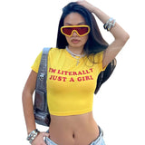 Anokhinaliza Letter Print Yellow Tops for Woman Y2k Graphic Tee Street Fashion Short Sleeve Crop Top T Shirts