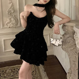 Anokhinaliza Off-shoulder Sexy Slim Sequins Velvet Black Party Dress Women Autumn New Korean Solid Color All Match Halter Mini Dress