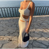 Anokhinaliza Sexy Knit Hollow Out Sling Long Dress Women Slim V-neck Sleeveless Backless Maxi Dresses 2024 Autumn New Lady White Party Robes