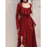 Anokhinaliza Women Elegant Long Sleeve Midi Dresses Female Red Square Collar Sexy Ruffle Party Dress Christmas Irregular Prom Dress