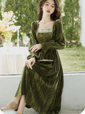 Anokhinaliza French Elegant Vintage Velvet Midi Dress Spring Antumn Square Collar A-line Harajuku Robe Female Casual One Piece Clothing