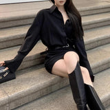 Anokhinaliza Polo Collar Sexy Slim Black Long-sleeved Dress Women 2024 Spring New High Street Fashion All Match Mini Dress with Belt