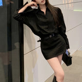 Anokhinaliza Polo Collar Sexy Slim Black Long-sleeved Dress Women 2024 Spring New High Street Fashion All Match Mini Dress with Belt