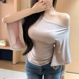 Anokhinaliza Off-shoulder Pleated Solid Color Sexy Slim Short-sleeved T-shirt Women 2024 Summer New High Street Fashion All Match Crop Tops