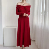 Anokhinaliza - New  Autumn Winter Long Sweater Dress Women Slash Neck Cross Elegant Knitted Dresses Rib Cotton Maxi Dresses Female