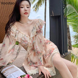 Anokhinaliza Elegant V-Neck Floral Dress Women Sweet Long Sleeve Lace Ruffles Party Mini Dresses Female Sexy Backless Beach Vestidos Autumn