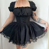 Anokhinaliza Lolita Black Dress Goth Aesthetic Puff Sleeve High Waist Vintage Bandage Lace Trim Party Gothic Clothes Summer Dress Woman