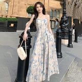 Anokhinaliza Summer Print Elegant Beach Dress New Women Vintage Pearl Beading Sweet Midi Dress Female Princess Fairy Strap Evening Dress