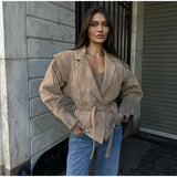 Anokhinaliza Women High Street Leather Jacket 2024 Autumn Winter Versatile Brown Long Sleeves V-neck Lace-up Coats Causal Chic Female Outwear