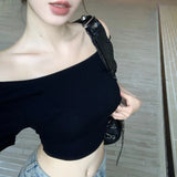 Anokhinaliza Streetwear Hollow Backless Sexy Short-sleeved T-shirt Women 2024 Summer New Off-the-shoulder Solid Color All Match Crop Tops