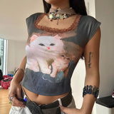 Anokhinaliza Y2k Aesthetic Vintage Kawaii Cat Print Crop Top Japanese Sexy Streetwear Women T-shirt Slash Neck Slim Harajuku Tee Shirts Femme