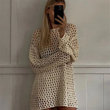 Anokhinaliza Summer Knitted Hollow Mini Dress Women's Fashion Beach Vacation Dress See-through Loose Patchwork Knitted Mini Dress 2024 New