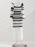 Anokhinaliza Striped Knitted Crochet Dress Women U Collar Long Sleeve Slim Fashion Hollow Out Maxi Dresses Summer Beach Vacation Vestido