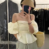 Anokhinaliza Summer Blouse Female French Vintage Temperament Blusa Slash Neck Sexy Off Shoulder Waist Slim Puff Sleeves Short Shirts