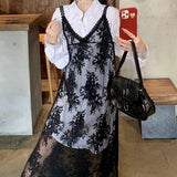 Anokhinaliza Floral Lace Black Transparent Dresses Women Sexy Long Dress Korean Sleeveless Holiday Dress Vacation Streetwear Party