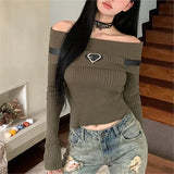 Anokhinaliza Sweet Women Off Shoulder Knitted Crop Tops Long Sleeve Slim Fit Belt Sweaters Autumn Ribbed T-Shirts Korean Harajuku Streetwear