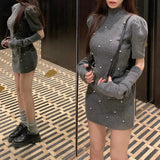 Anokhinaliza Streetwear Beaded Solid Color Puff Sleeve Dress Women 2024 Spring New Half High Neck Sexy Slim Knitted Mini Dress with Sleeves