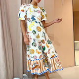 Anokhinaliza New fashion popular clothing women's summer new temperament elegant fruit print waisted round neck swing dresses