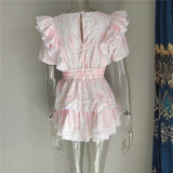 Anokhinaliza Summer Short Sleeve Vocation Women White Mini Dress Holiday Lace Ruffled Dress Pink