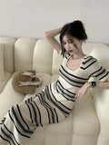 Anokhinaliza Summer Casual Striped Knitted Dress Women'S Elegant Slim Square Neck Midi Dresses Korean Vintage Short Sleeve Clothes Robe