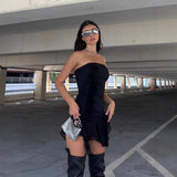 Anokhinaliza Black Strapless Mini Dress for Women Sexy Backless Bodycon Club Party Dresses Summer Fashion Irregular Ruffle Y2K Dress