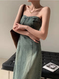 Anokhinaliza American Retro High-End Denim Dress Women'S Top Design Versatile And Unique Slim Fitting Long Skirt