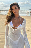 Anokhinaliza Long Flare Sleeve Crochet Knitted Maxi Cover-Ups Dress For Women Sexy Hollow Out See Through Split Holiday Beachwear Outfits