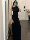 Anokhinaliza Black Long Dress Female Slim High Waist Off-Shoulder Fashion Elegant Evening Partywear Dress Solid One-Shoulder Maxi Dress