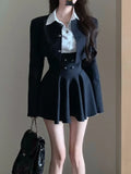 Anokhinaliza Woman Preppy Style Mini Dress 3 Piece Set Korean Elegant White Shirt + Short Blazers Coat Outfits Spring Fashion Y2K Uniform