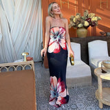 Anokhinaliza Chic Flower Print Strapless Sling Maxi Dress Elegant Sleeveless Backless Splited Slim Dresses Summer Lady Beach Holiday