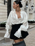 Anokhinaliza Autumn See-Through Casual Shirts Top For Women Loose Slim Long Sleeve Lapel Cardigan Streetwear Women's Pleated Shirts Top