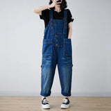 Anokhinaliza Denim Jumpsuits Women Autumn Oversized Loose Wide Leg Cargo Jeans Personalized Pockets Streetwear Solid Color High Waist Overall