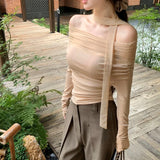 Anokhinaliza Off-shoulder Mesh Splicing Sexy Long-sleeved T-shirt Women 2024 Autumn New Korean Lace-up Solid Color Casual Pleated Tops