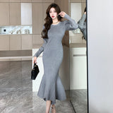 Anokhinaliza Vintage Knitting Long Sleeves Midi Dresses for Women Autumn Winter Elegant Fashions Slim Mermaid Sweater Female Clothing